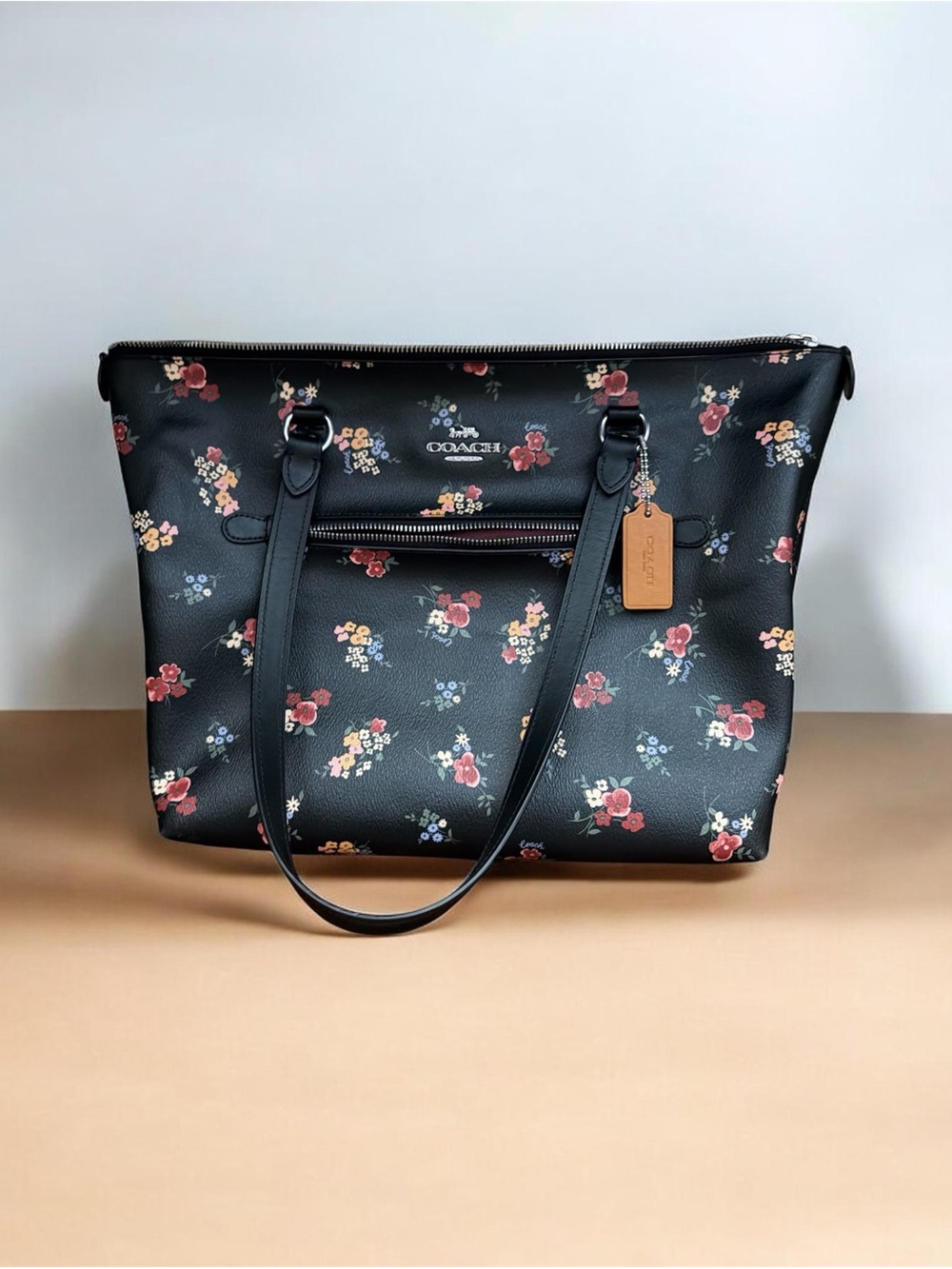 Coach Black Floral Zip-Top Tote with Pink and Yellow Blooms